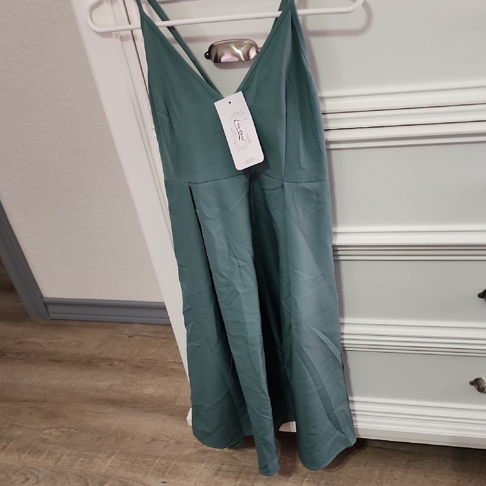Chic Spaghetti Strap Pleated Teal Dress